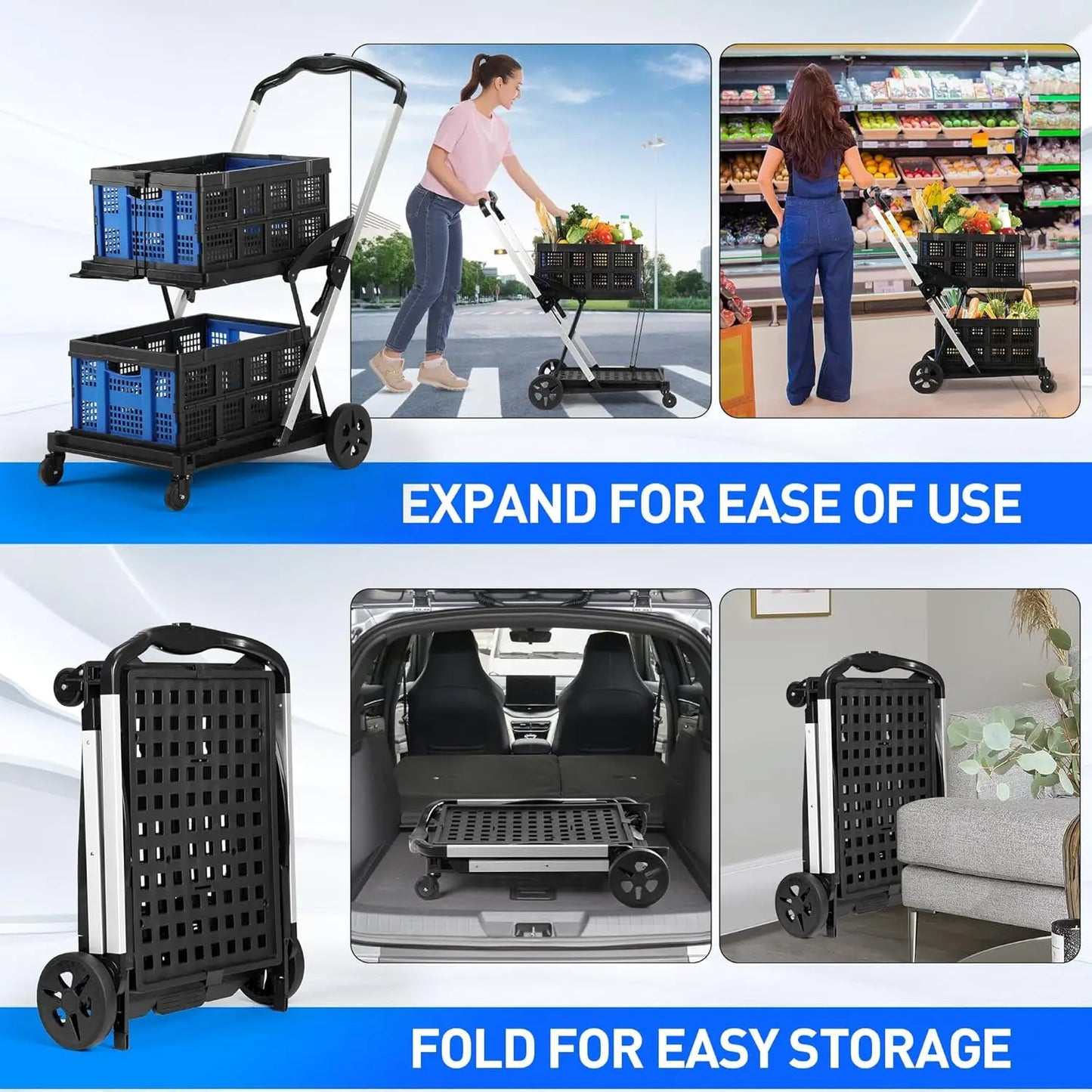 Functional New Double Decker Foldable Cart Grocery Trolley Folding Shopping Cart Two Tier Collapsible Cart with two Crate.