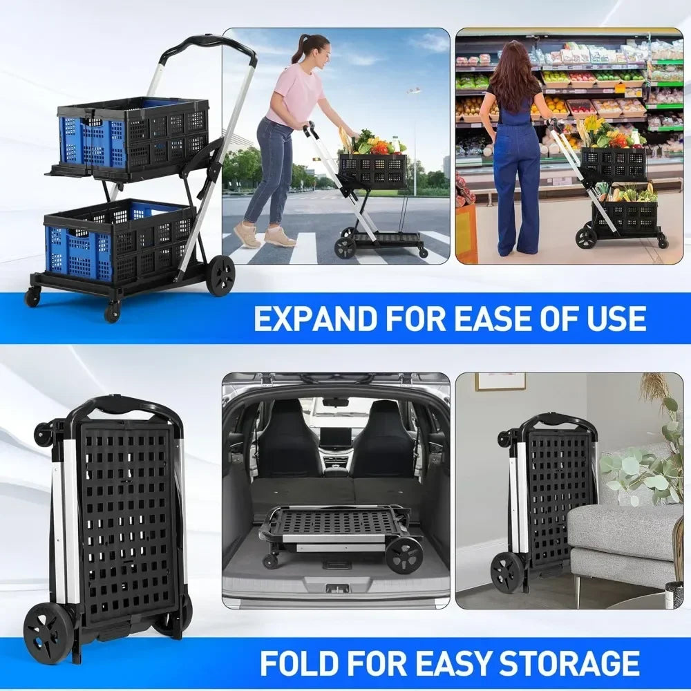 Functional New Double Decker Foldable Cart Grocery Trolley Folding Shopping Cart Two Tier Collapsible Cart with two Crate.