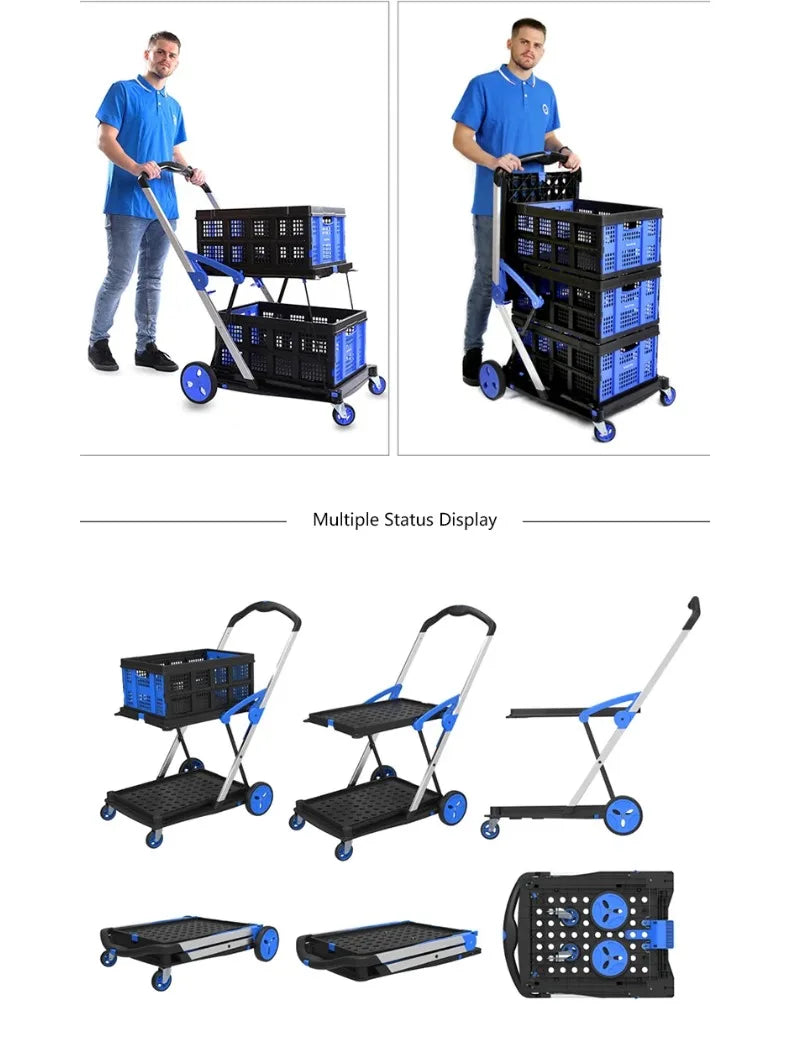 Plastic Foldable Hand Truck, Aluminum Portable Folding Cart Trolley, Hand Cart for Home Office Travel Supermarket Factory Use