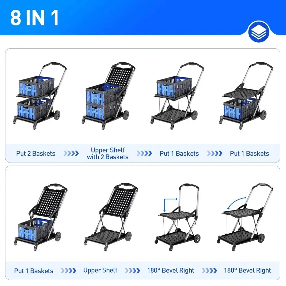 Functional New Double Decker Foldable Cart Grocery Trolley Folding Shopping Cart Two Tier Collapsible Cart with two Crate.