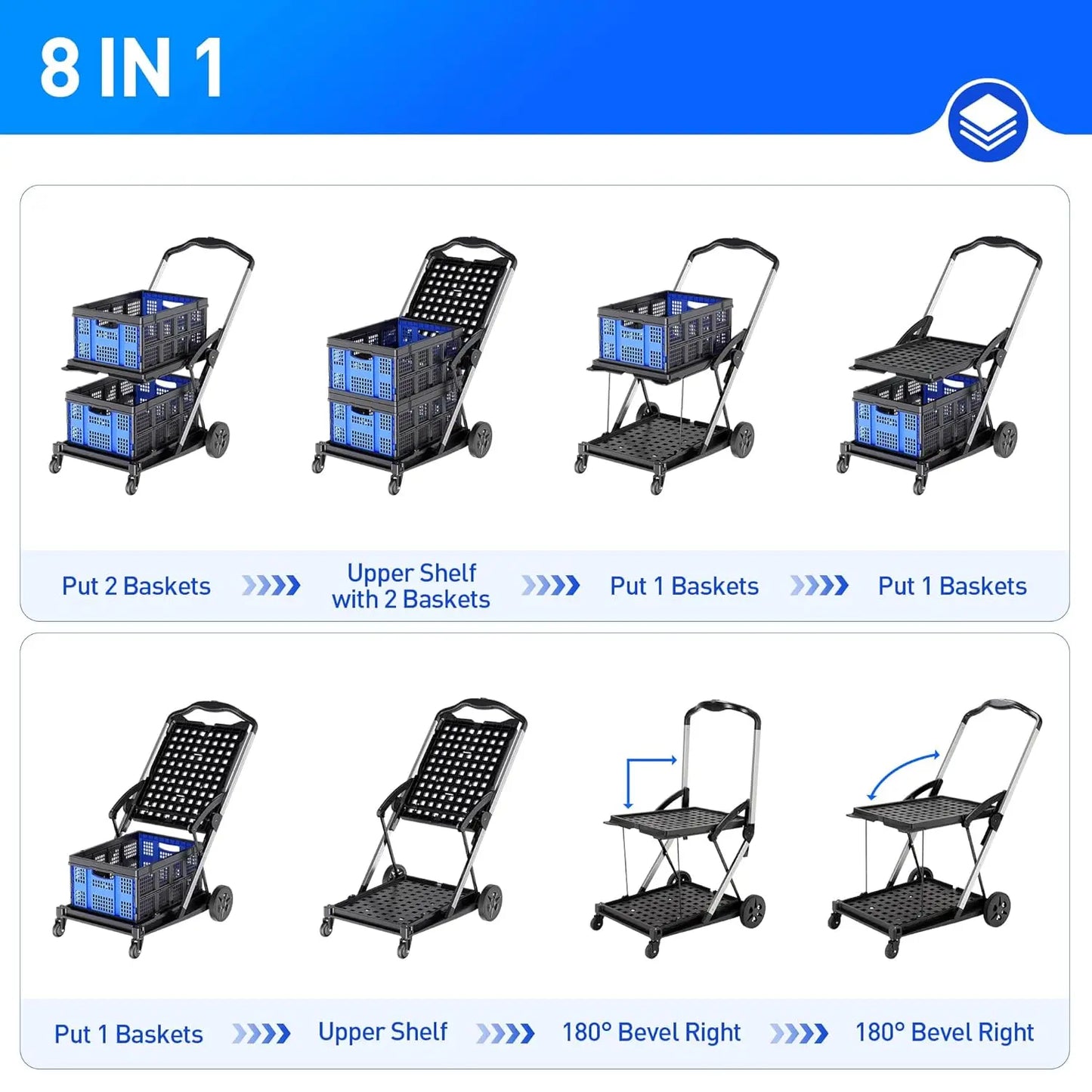 Functional New Double Decker Foldable Cart Grocery Trolley Folding Shopping Cart Two Tier Collapsible Cart with two Crate.