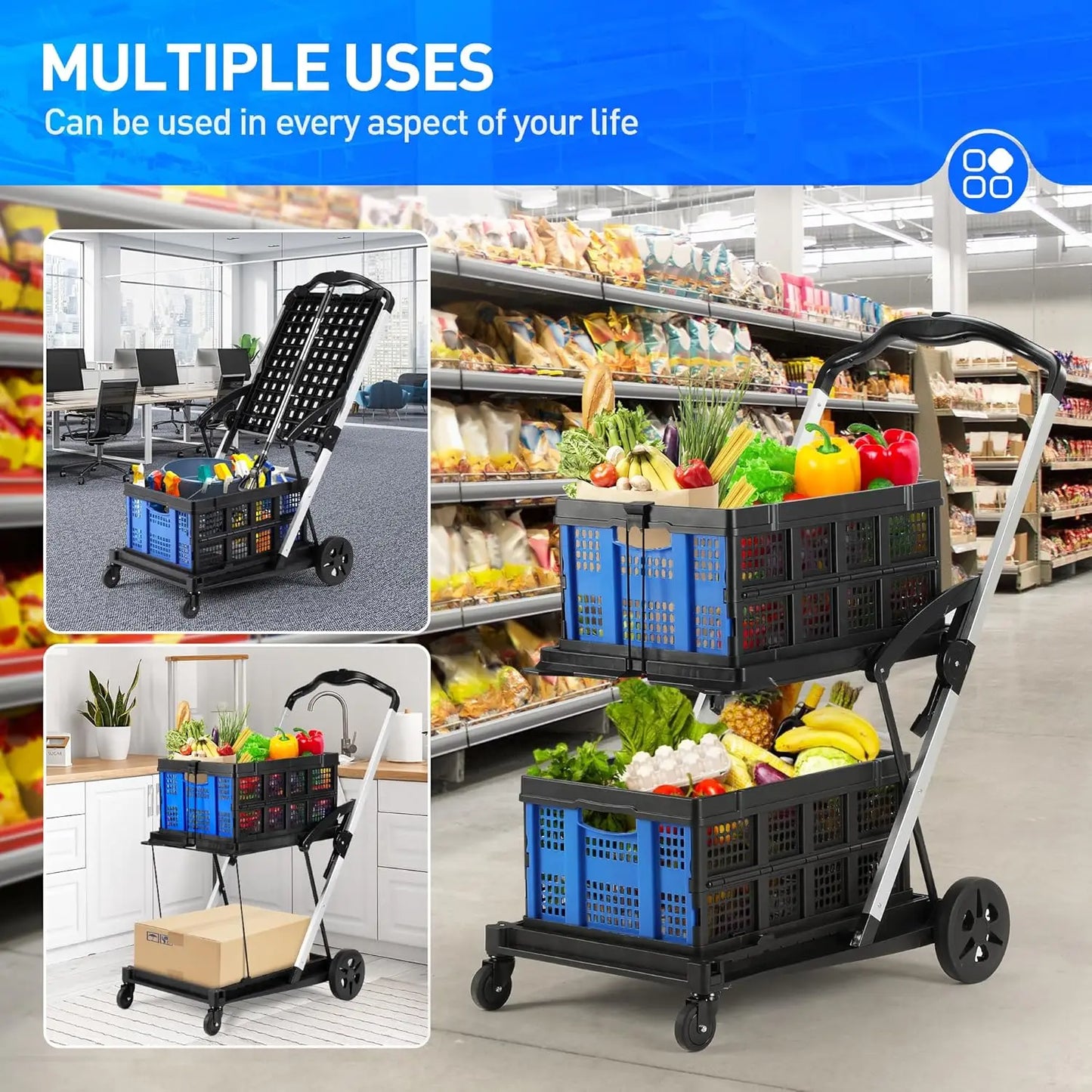 Functional New Double Decker Foldable Cart Grocery Trolley Folding Shopping Cart Two Tier Collapsible Cart with two Crate.