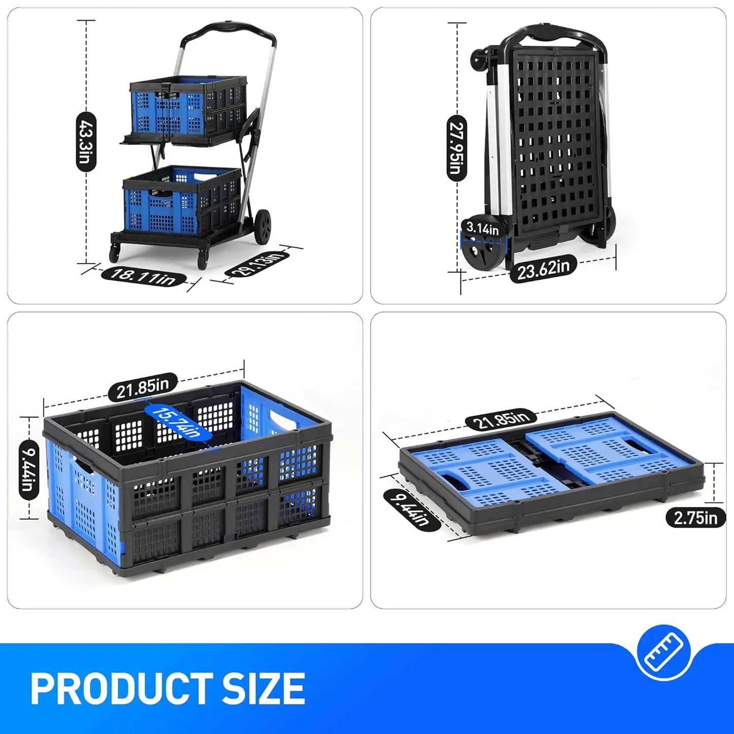 Functional New Double Decker Foldable Cart Grocery Trolley Folding Shopping Cart Two Tier Collapsible Cart with two Crate.