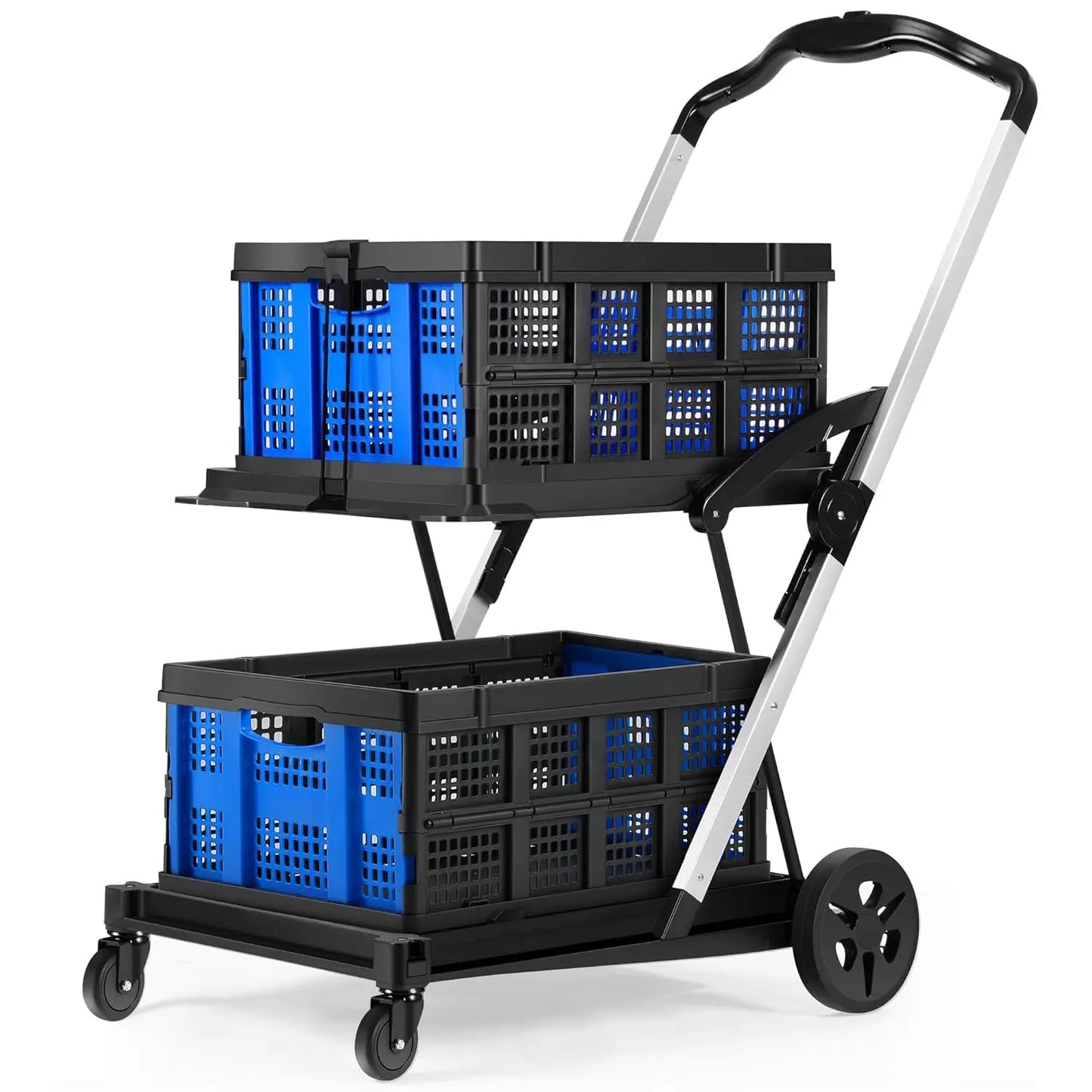 Functional New Double Decker Foldable Cart Grocery Trolley Folding Shopping Cart Two Tier Collapsible Cart with two Crate.